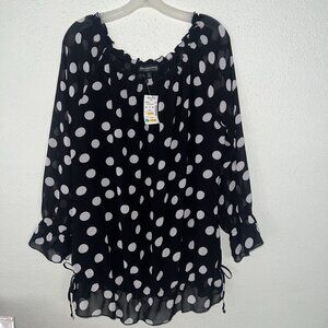 Mishca Tunic Blouse‎ XL Black White Polka Dot Off Shoulder  Ruffles Sleev Bottom